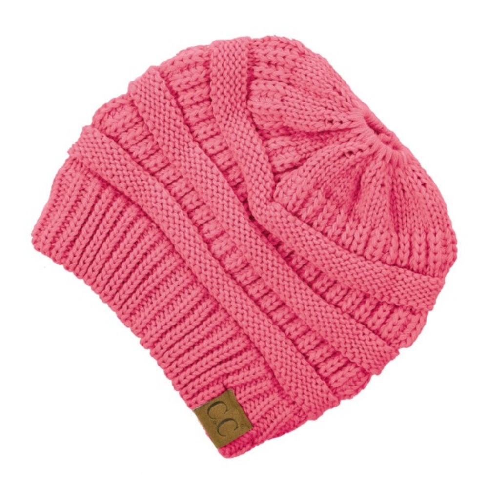 Messy Bun Knitted Beanie Hot Pink